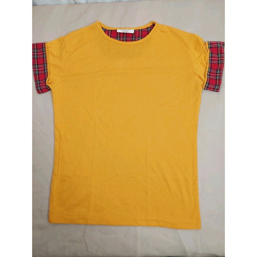 Vintage 90s Mustard Yellow Plaid Trim Tee Grunge Preppy Aesthetic USA Top M
